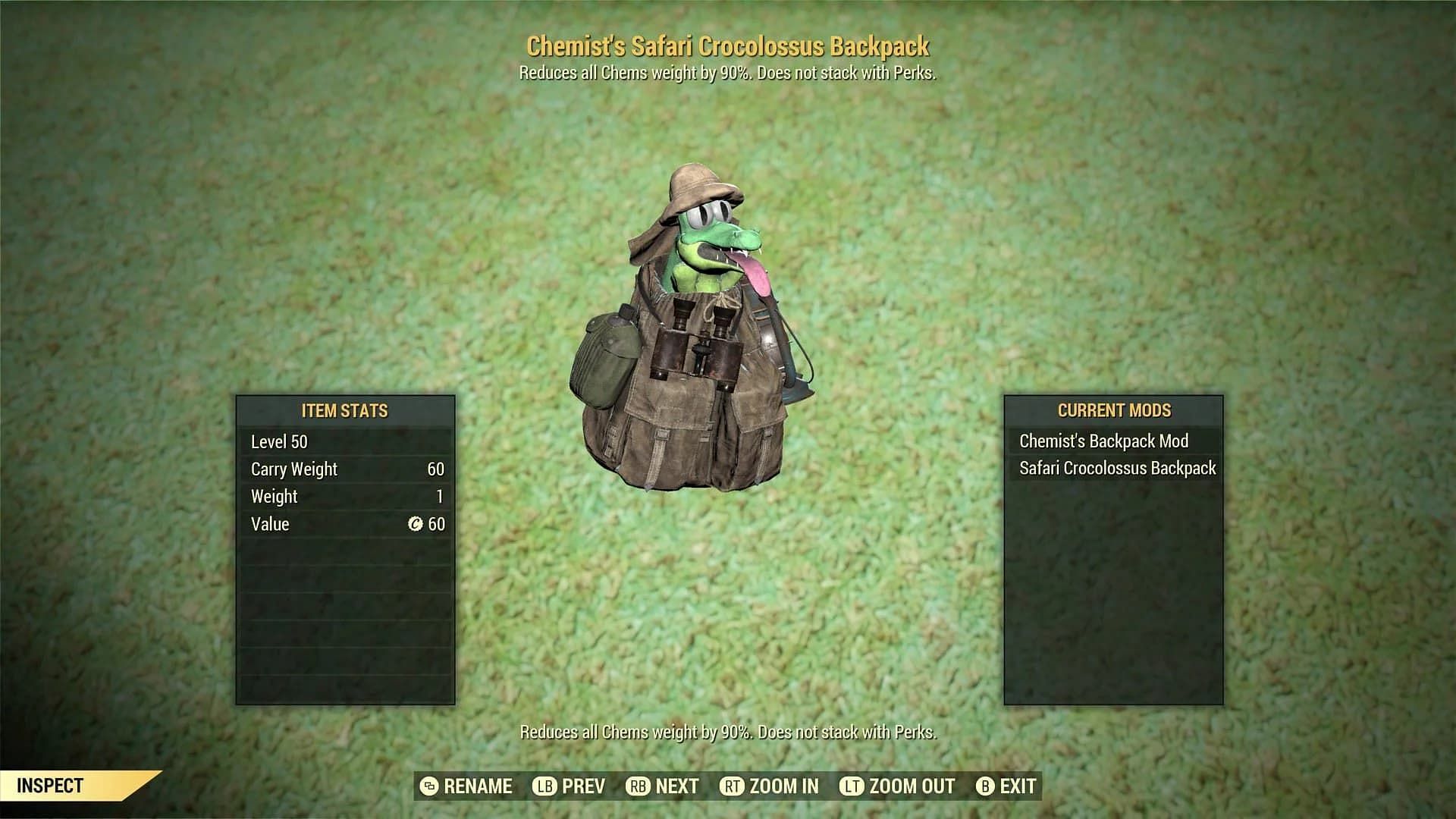 This is one modded variant of the Safari Crocolossus backpack in Fallout 76 (Image via Bethesda)