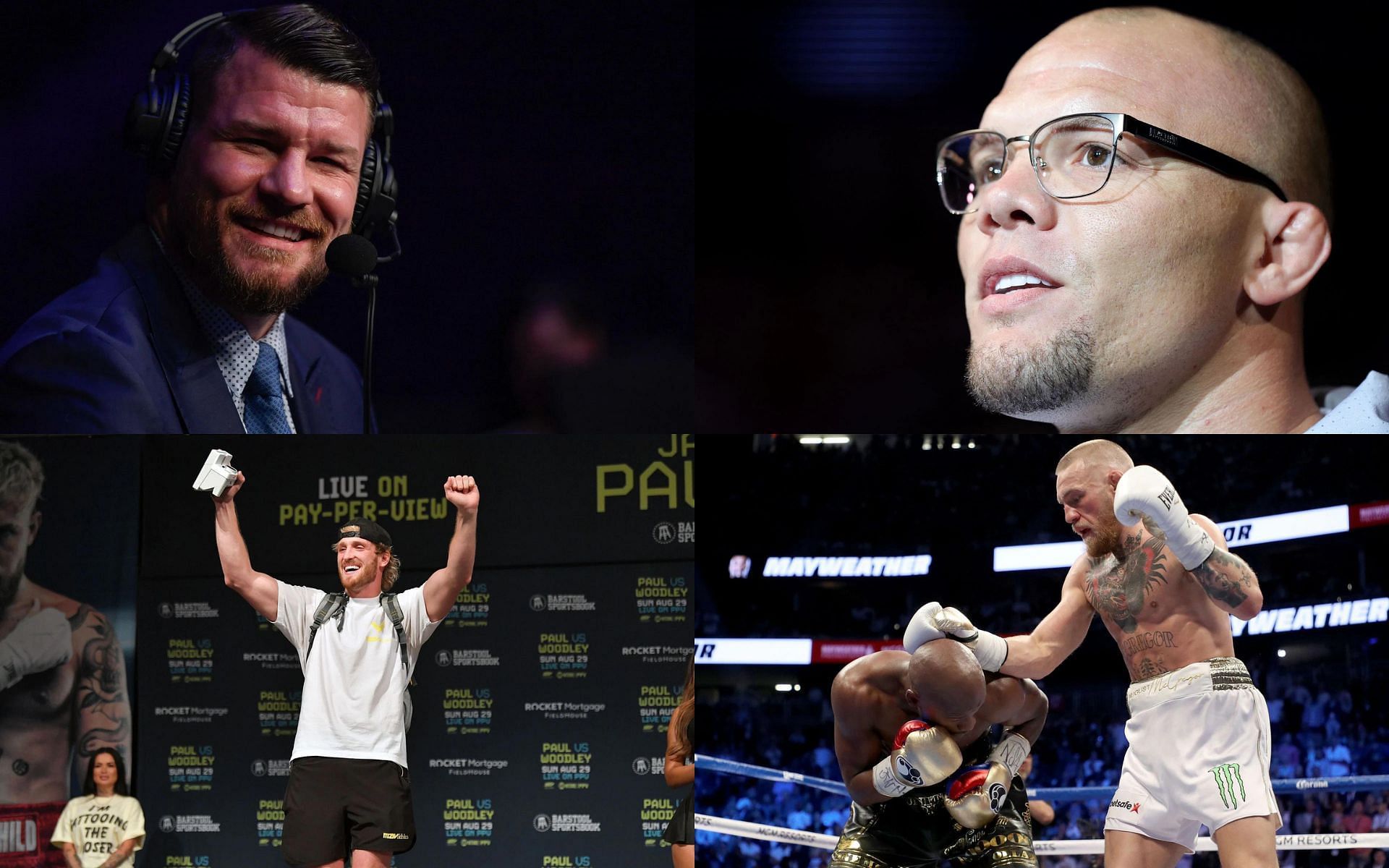 Michael Bisping (top left), Anthony Smith (top right), Logan Paul (bottom left), and Floyd Mayweather vs. Conor McGregor (bottom right) [Images courtesy of Getty]
