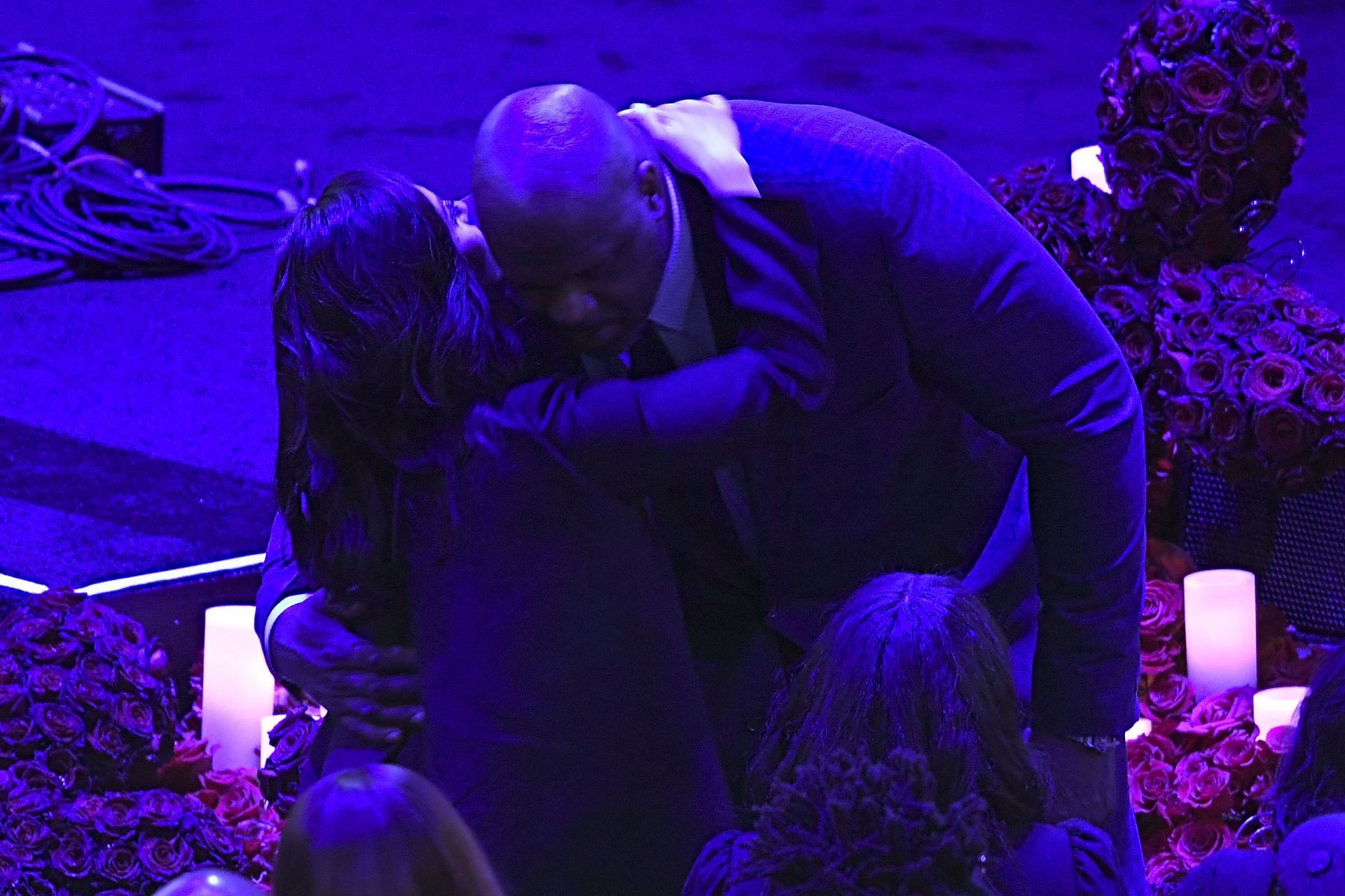 Vanessa Bryant hugs Shaquille O&#039;Neal during Kobe Bryant&#039;s memorial.