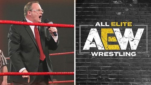 Jim Cornette (left) and AEW logo (right).