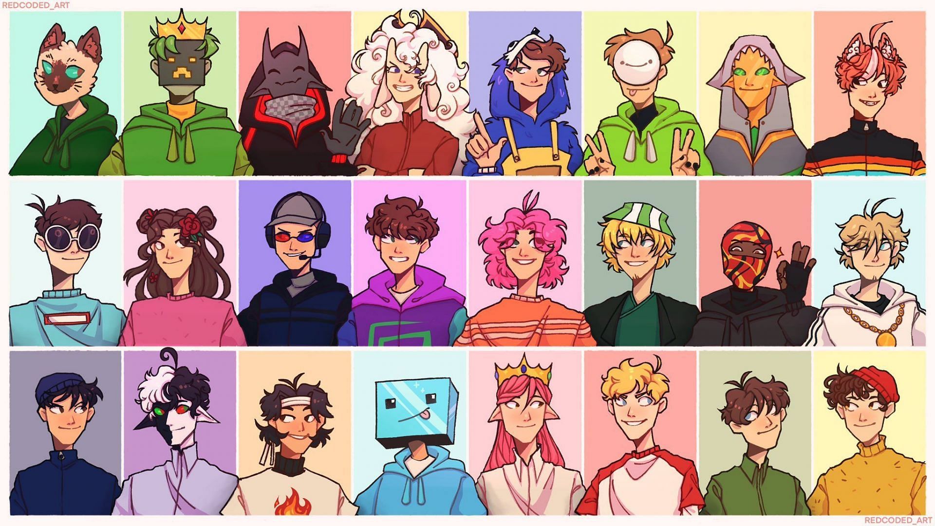 Character art of much of the Dream SMP (Image via Redcoded_art)