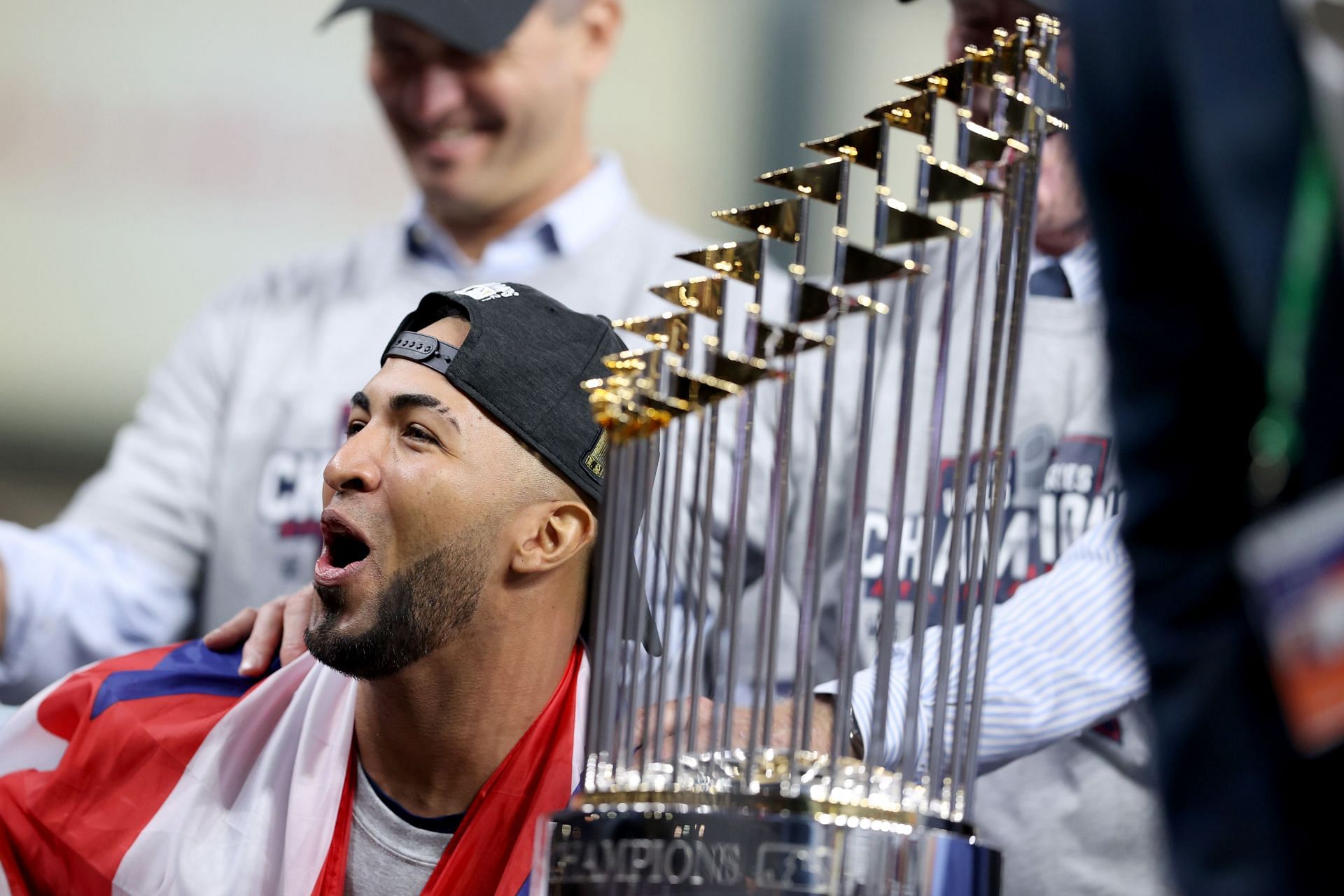 Eddie Rosario celebrates the World Series win.
