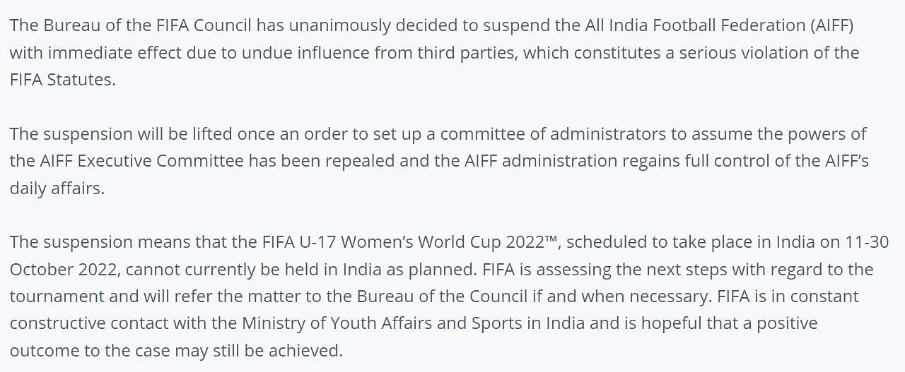 फीफा की ओर से AIFF को सस्पेंड करने के लिए जारी आधिकारिक बयान।