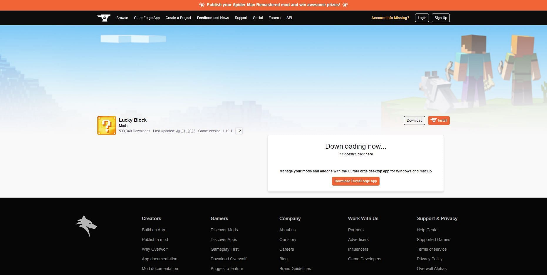 The Lucky Block mod&#039;s website download page (Image via CurseForge)