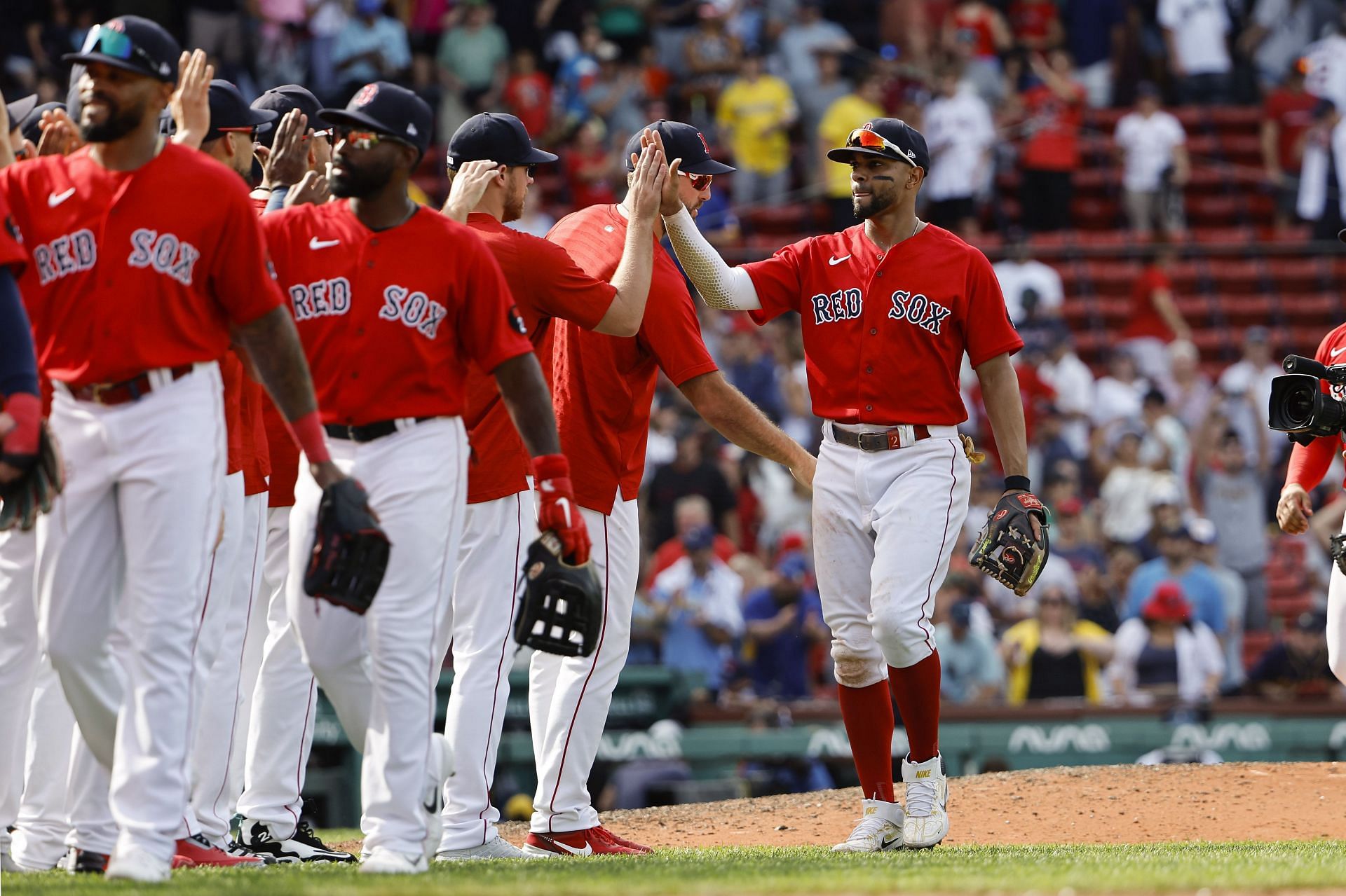 Red Sox celebrating a win over the Brewers