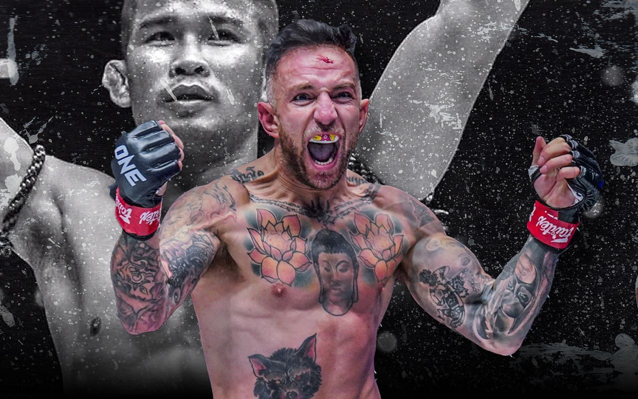 Liam Harrison (foregroun) will face Nong-O Gaiyanghadao (background) for the ONE bantamweight Muay Thai world title on August 26 [ Image credits: ONE Championship ]