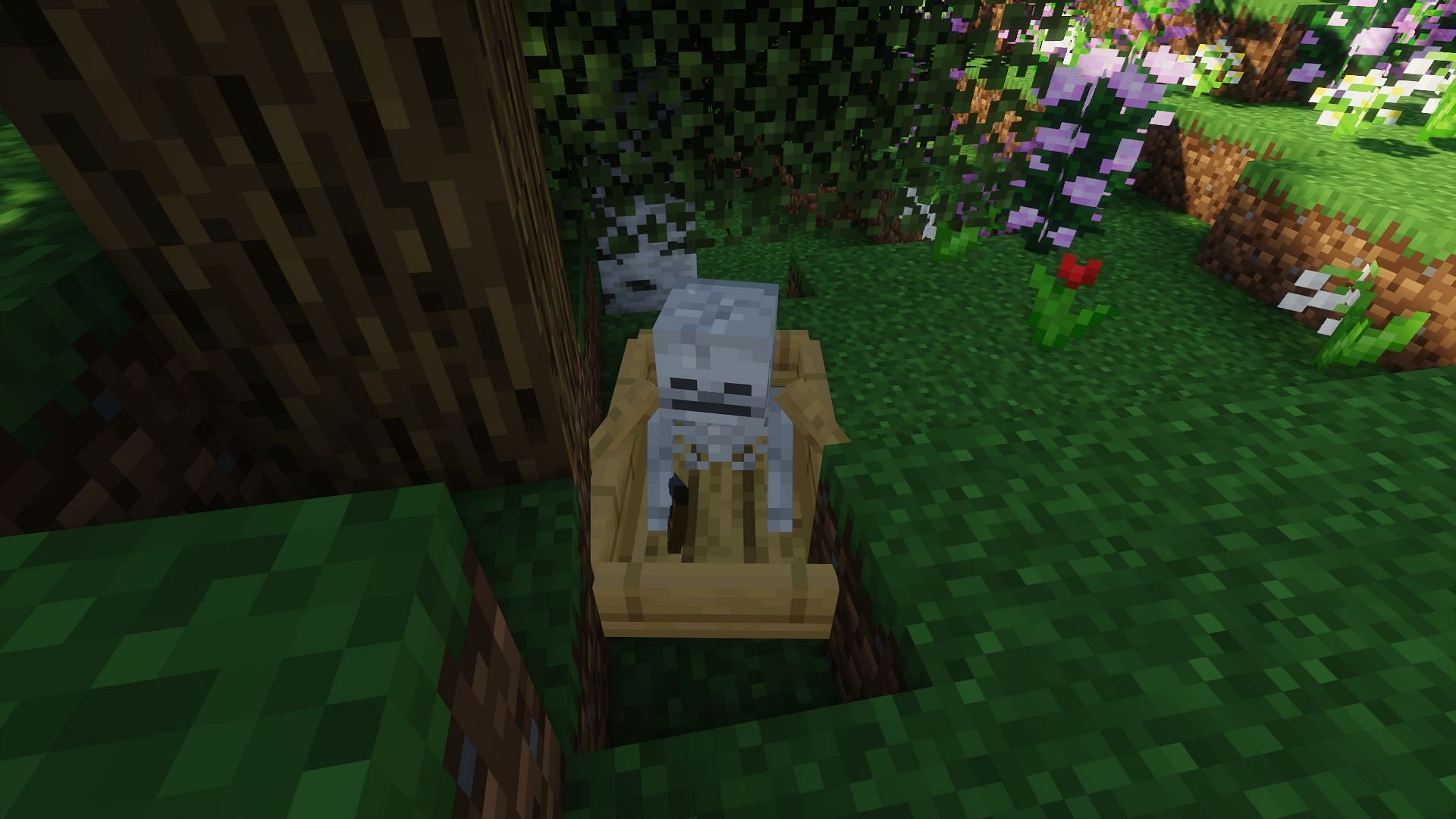 A skeleton trapped in a boat (Image via Minecraft)