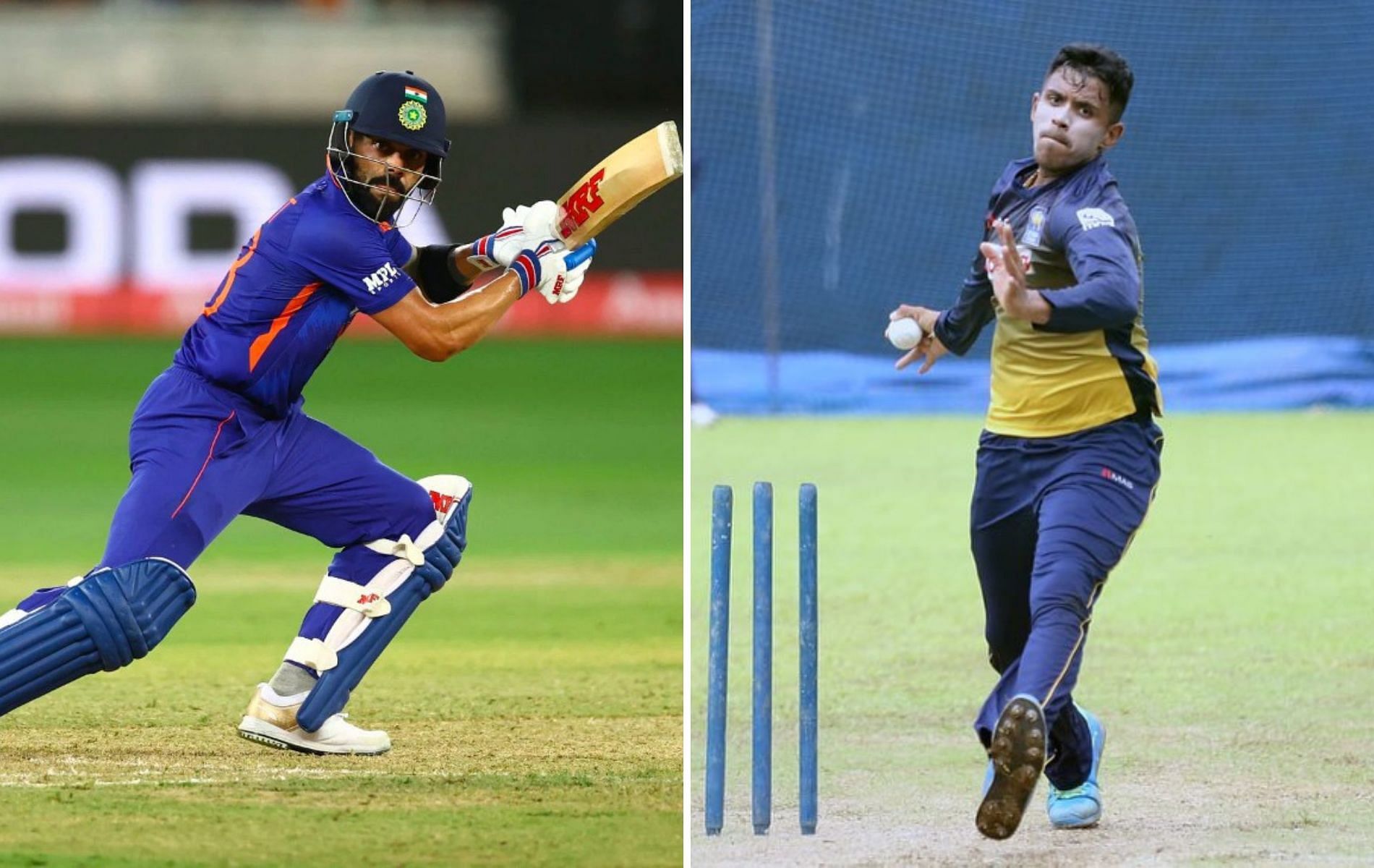 Virat Kohli (L) and Maheesh Theekshana (R). 