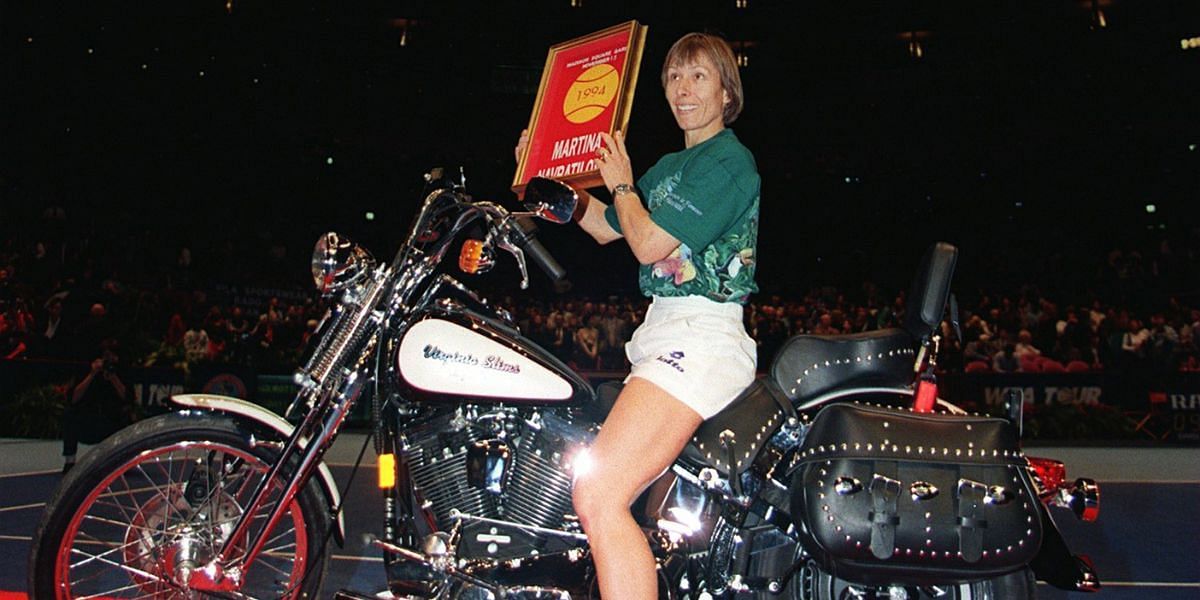 Martina Navratilova on her Harley-Davidson bike.