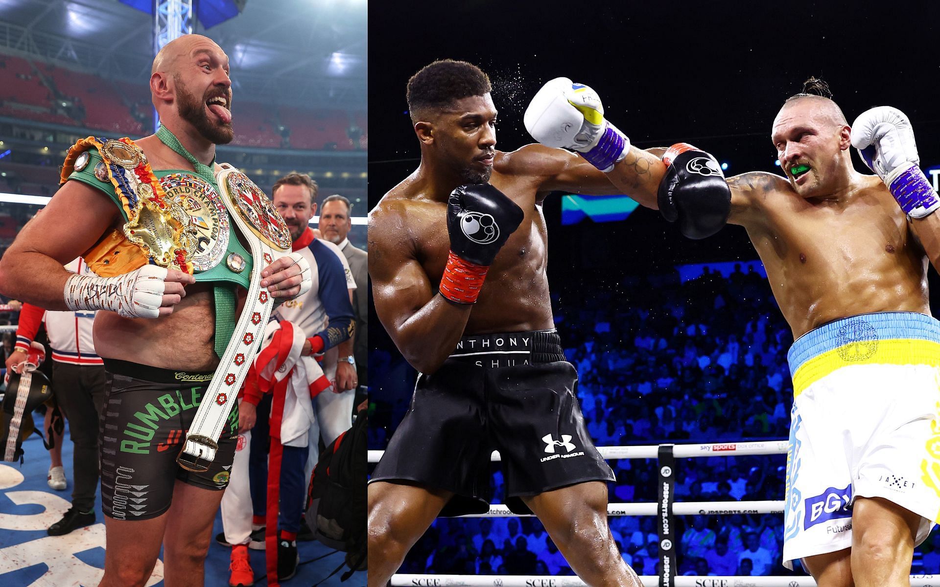 Tyson Fury (left) and Oleksandr Usyk and Anthony Joshua (right) (Image credits Getty Images)