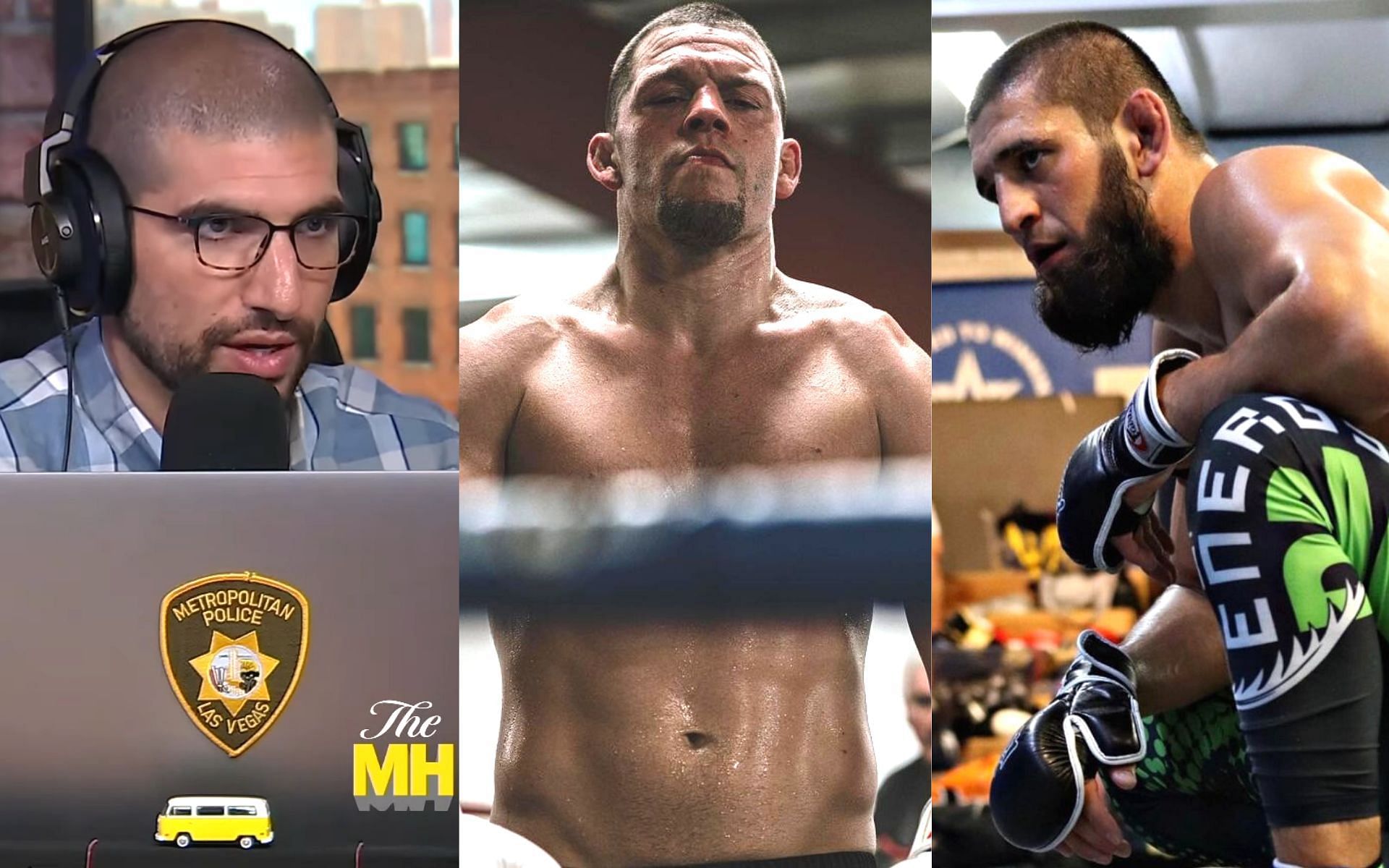 Ariel Helwani (left), Nate Diaz (center), Khamzat Chimaev (right) [Images courtesy: MMAFightingonSBN via YouTube, @khamzat_chimaev and @natediaz209 via Instagram]