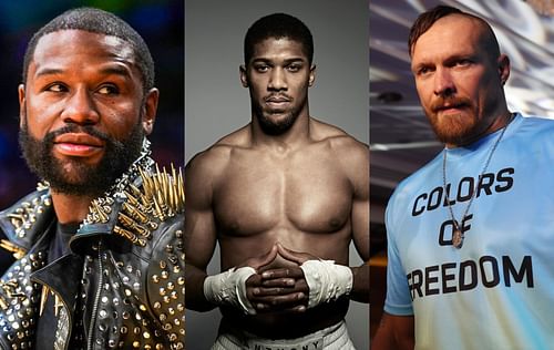 Floyd Mayweather (left), Anthony Joshua (center), and Oleksandr Usyk (right)