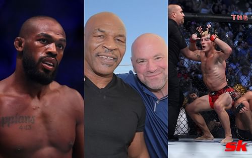 Jon Jones (left), Dana White and Mike Tyson (center - via @miketyson on IG), Paddy Pimblett (right)