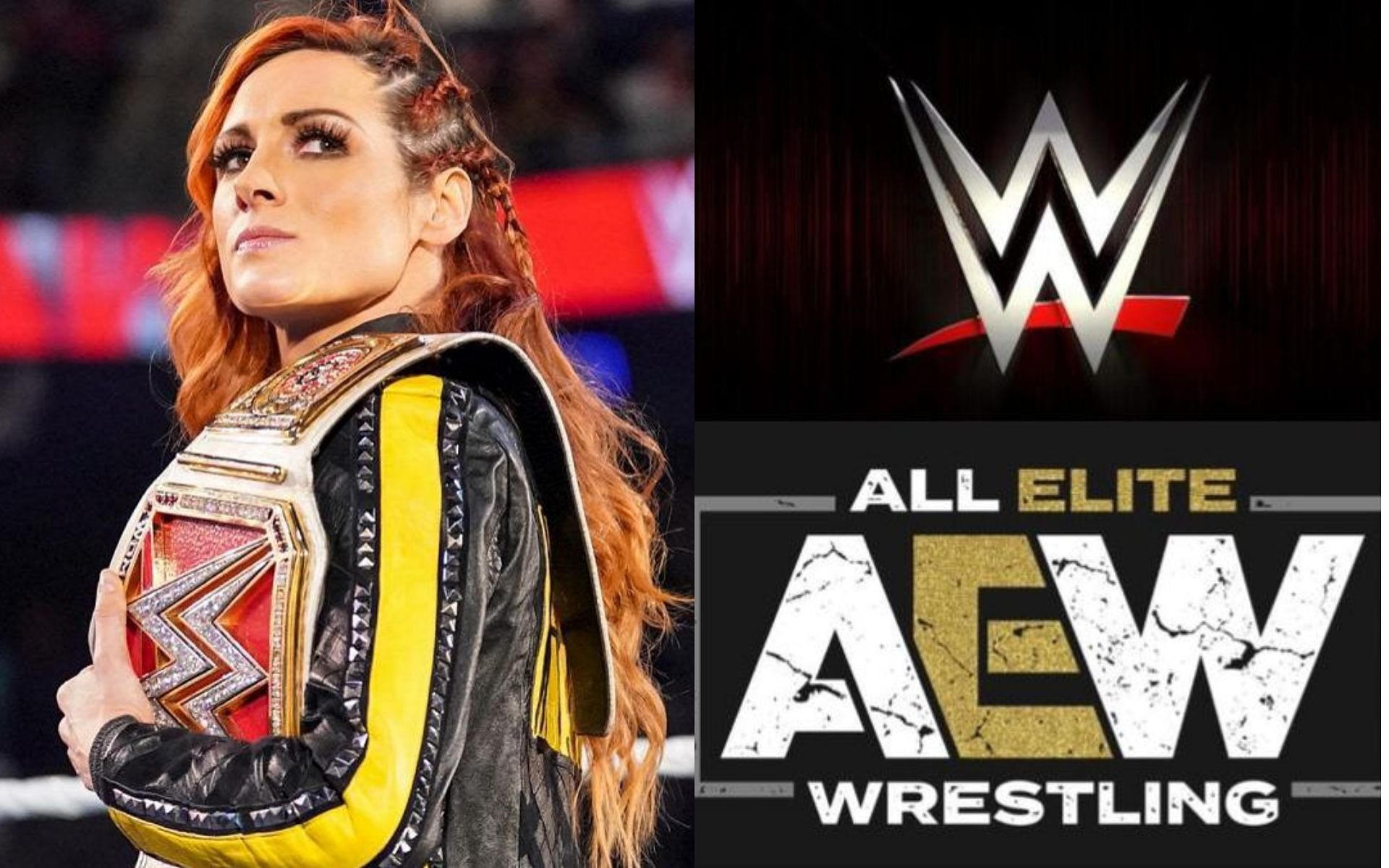 Becky Lynch (left) and AEW and WWE logos (right).