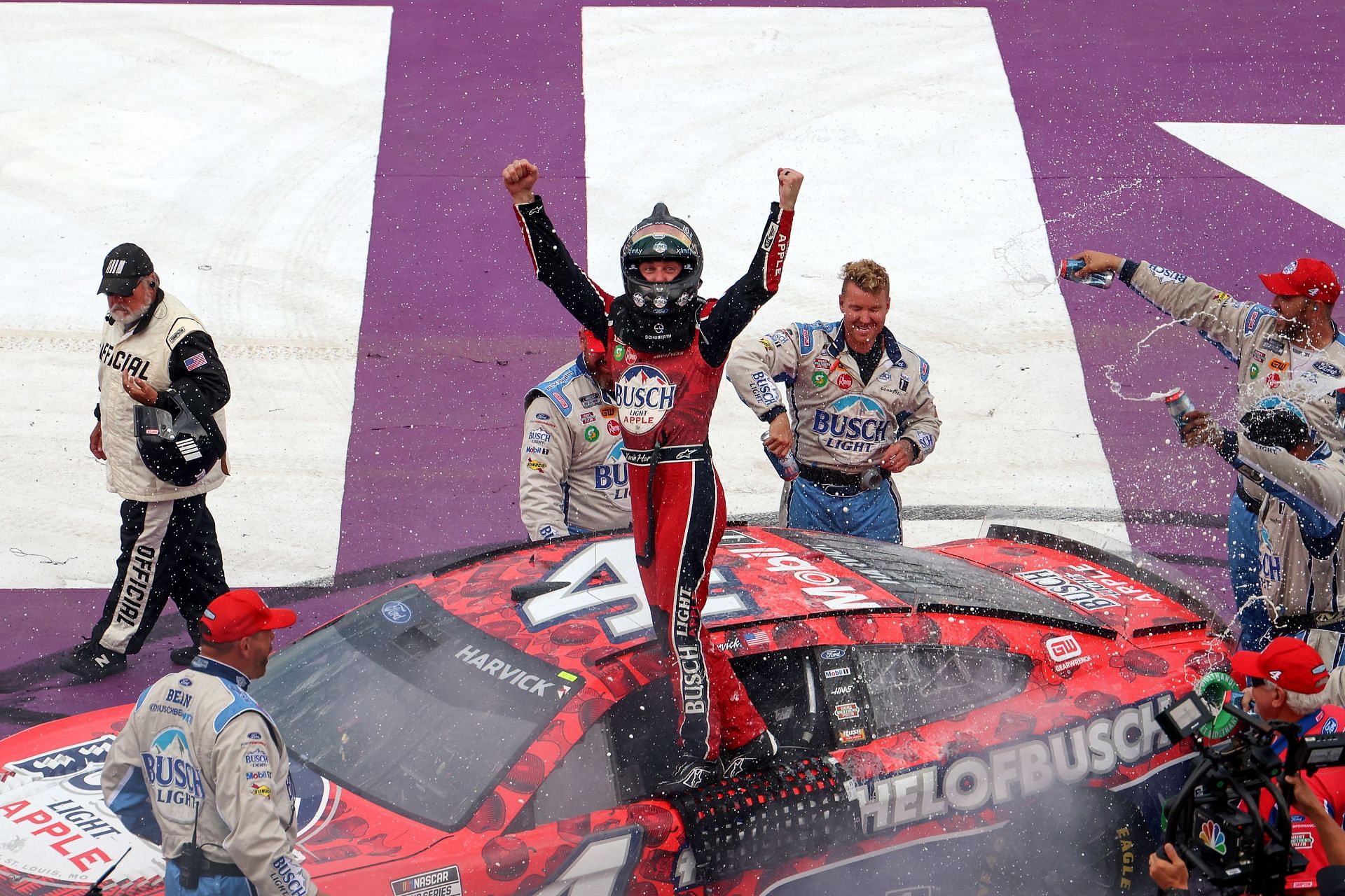 Kevin Harvick celebrates after winning the NASCAR Cup Series FireKeepers Casino 400