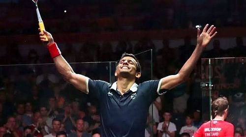 An elated Saurav Ghosal after winning India's maiden CWG singles medal in squash. Image: Getty Images