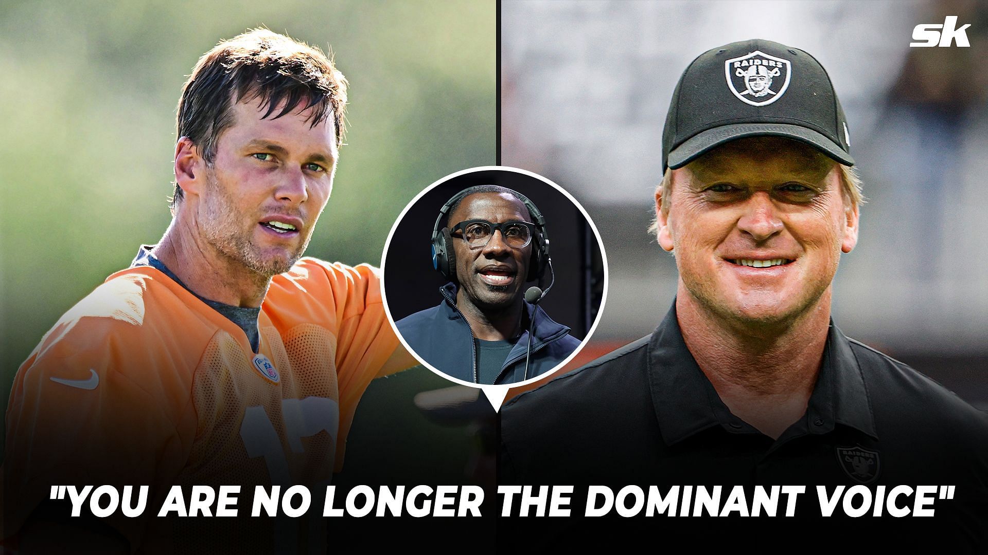 Left: Tampa Bay Buccaneers quarterback Tom Brady, Right: Former Las Vegas Raiders coach Jon Gruden (Inset: Shannon Sharpe)