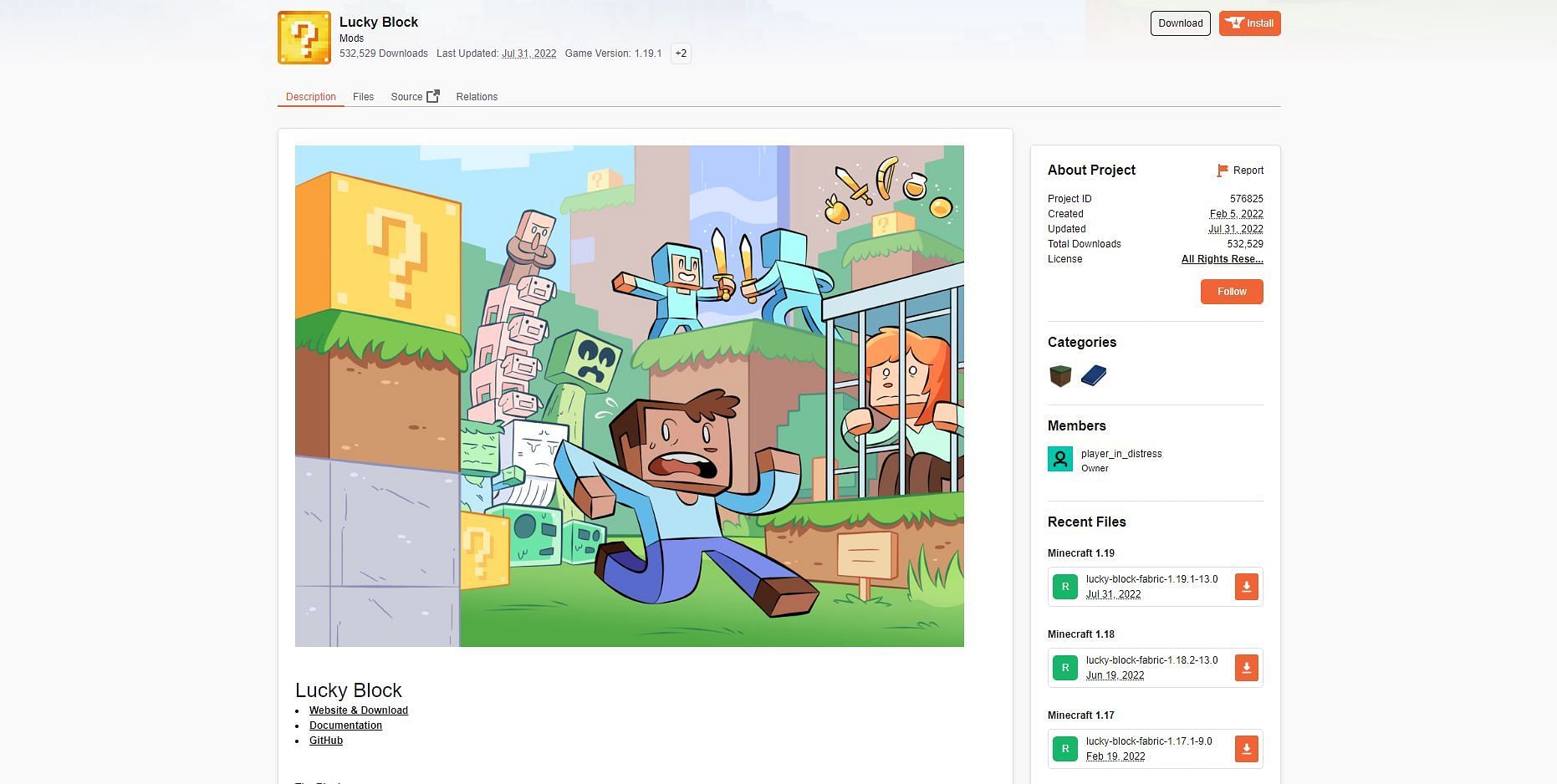 The Lucky Blocks page on the CurseForge website (Image via CurseForge)