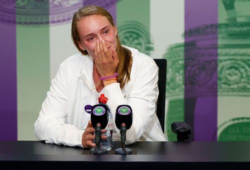 Elena Rybakina at a press conference following her Wimbledon triumph.