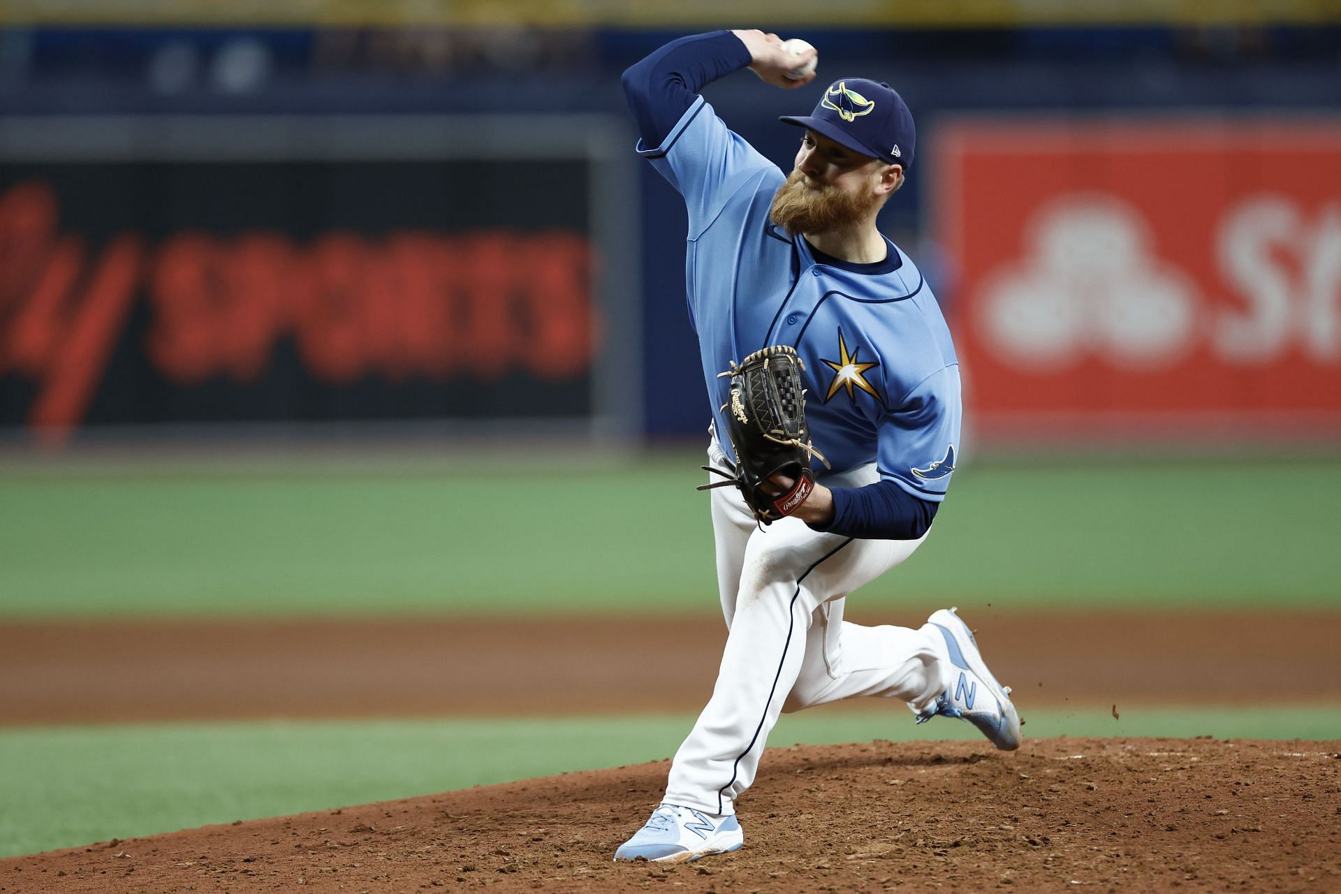 Drew Rasmussen throws a pitch during the eighth inning against the Baltimore Orioles at Tropicana Field.