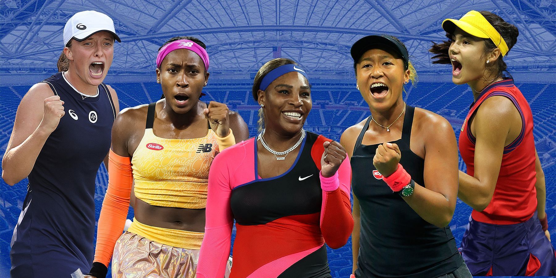 (From L-R): Iga Swiatek, Cori Gauff, Serena Williams, Naomi Osaka, Emma Raducanu