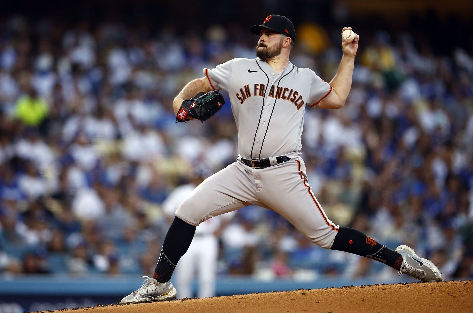 Carlos Rodon pitches during a San Francisco Giants v Los Angeles Dodgers game at Dodger Stadium.