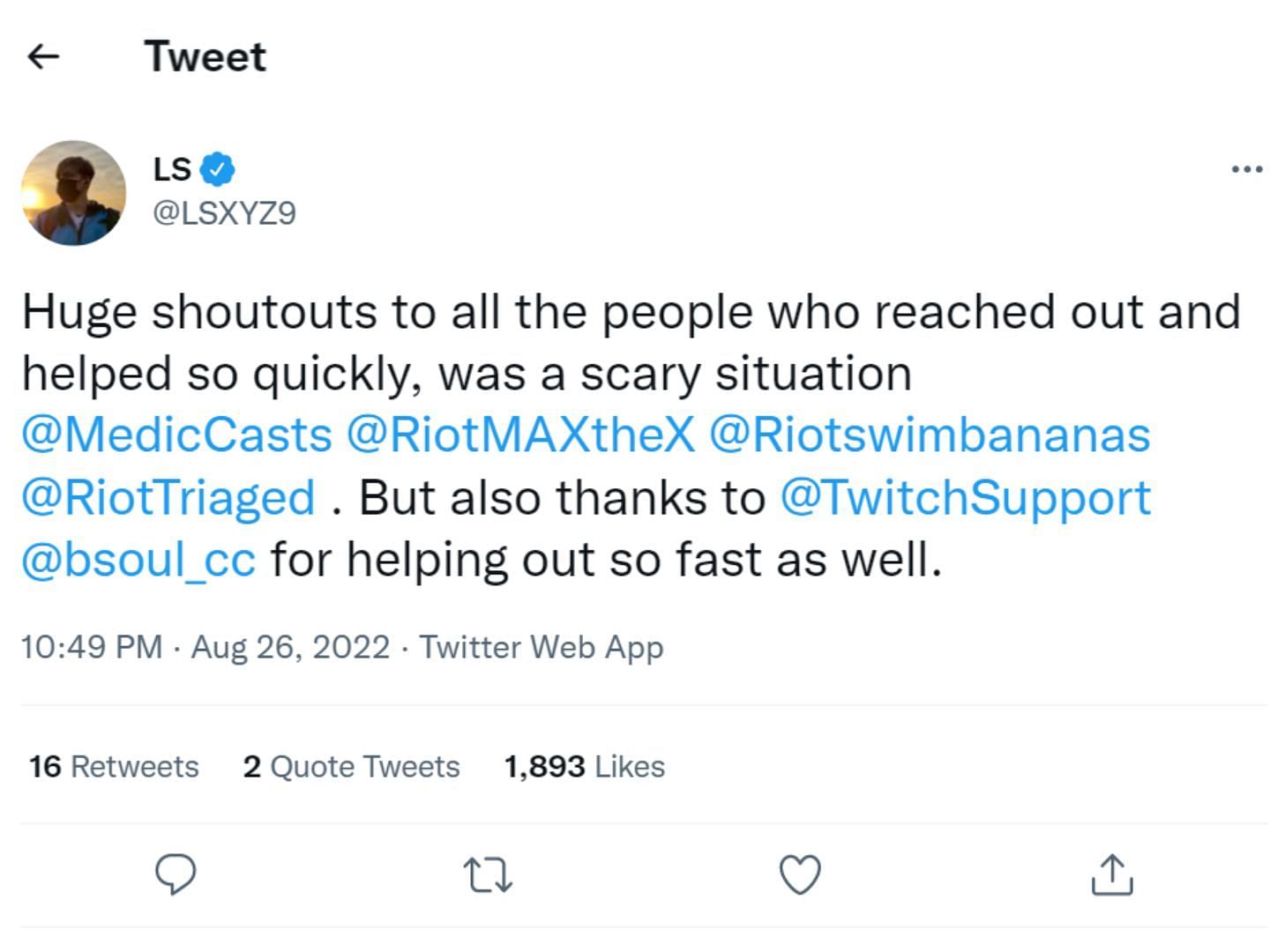 LS thanked Twitch and Riot Games (Image via Twitter/LS)