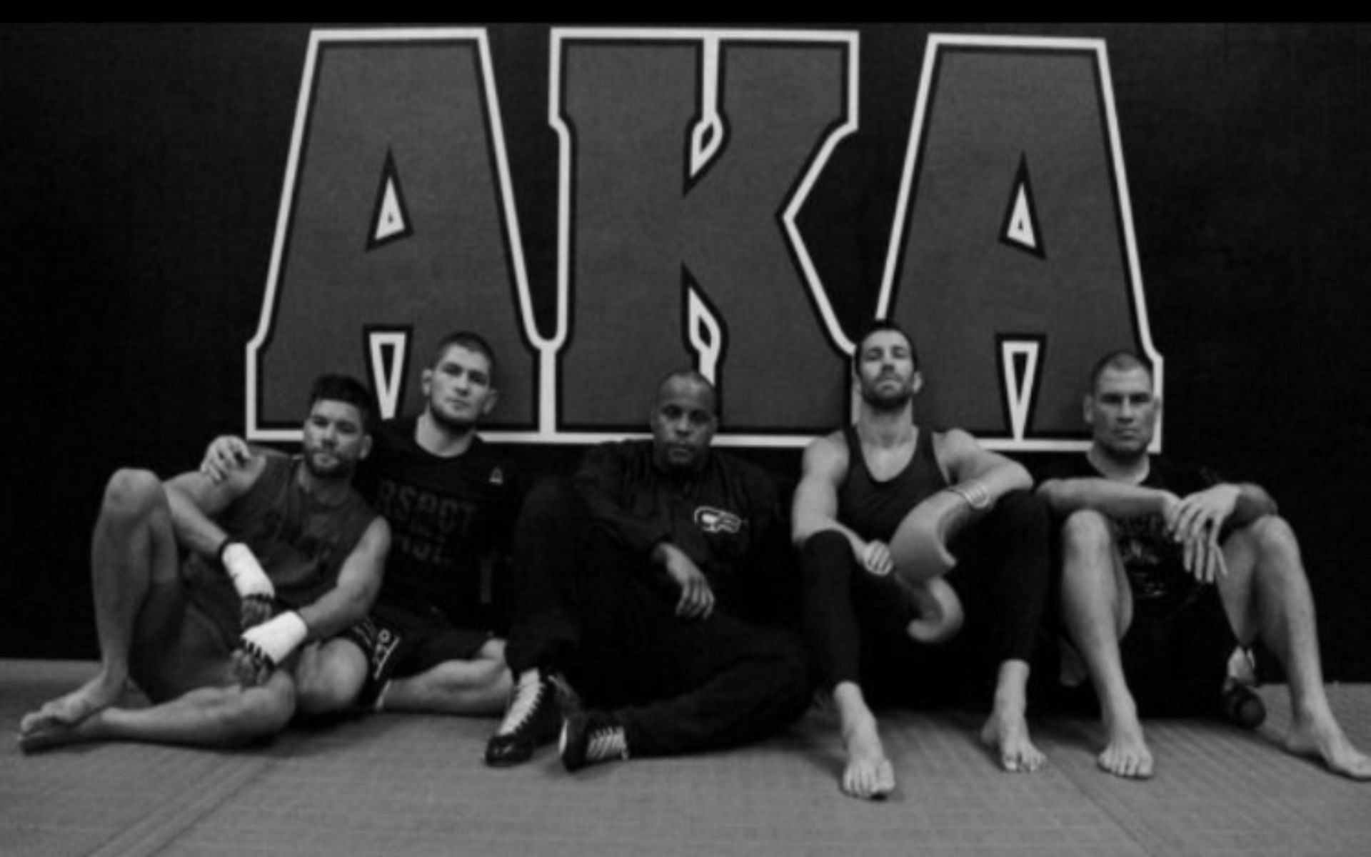 Josh Thomson (far left), Khabib Nurmagomedov (left of center), Daniel Cormier (middle), Luke Rockhold (right of center), and Cain Velasquez (far right) [Image Courtesy: @TheRealPunk on Twitter]