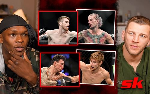 Israel Adesanya (left), and Dan Hooker (right). [Images courtesy: left and right image from YouTube FREESTYLEBENDER, Bryce Mitchell image from @thugnasty_ufc Instagram, rest of the images from Getty Images]