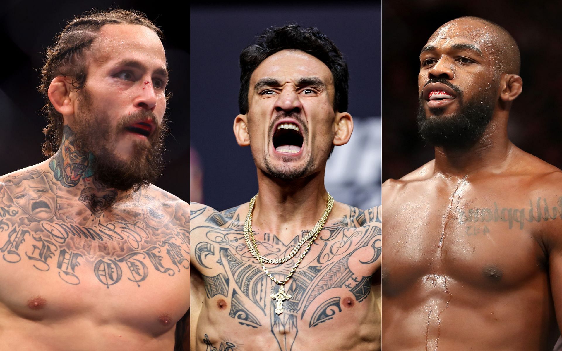 Marlon Vera (L) is part of an elite list alongside Max Holloway (C) and Jon Jones (R)