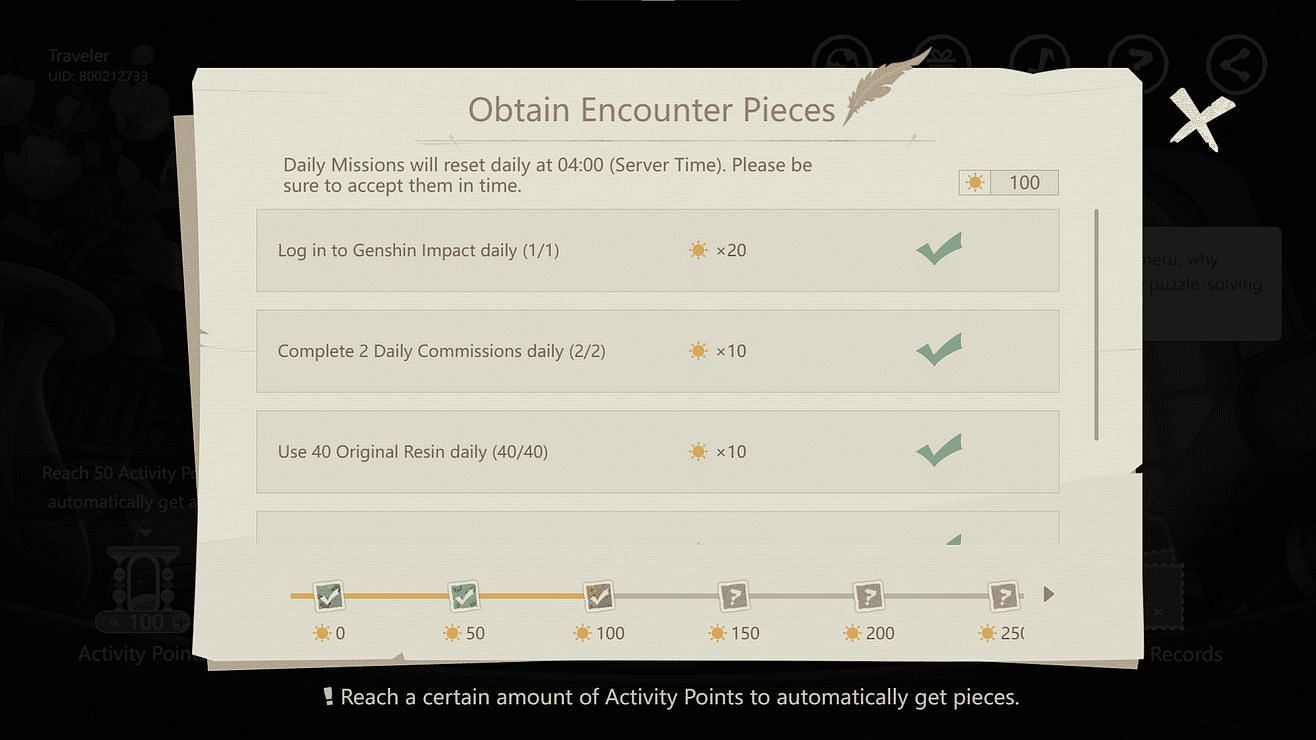 Missions to obtain Encounter Pieces (Image via HoYoverse)