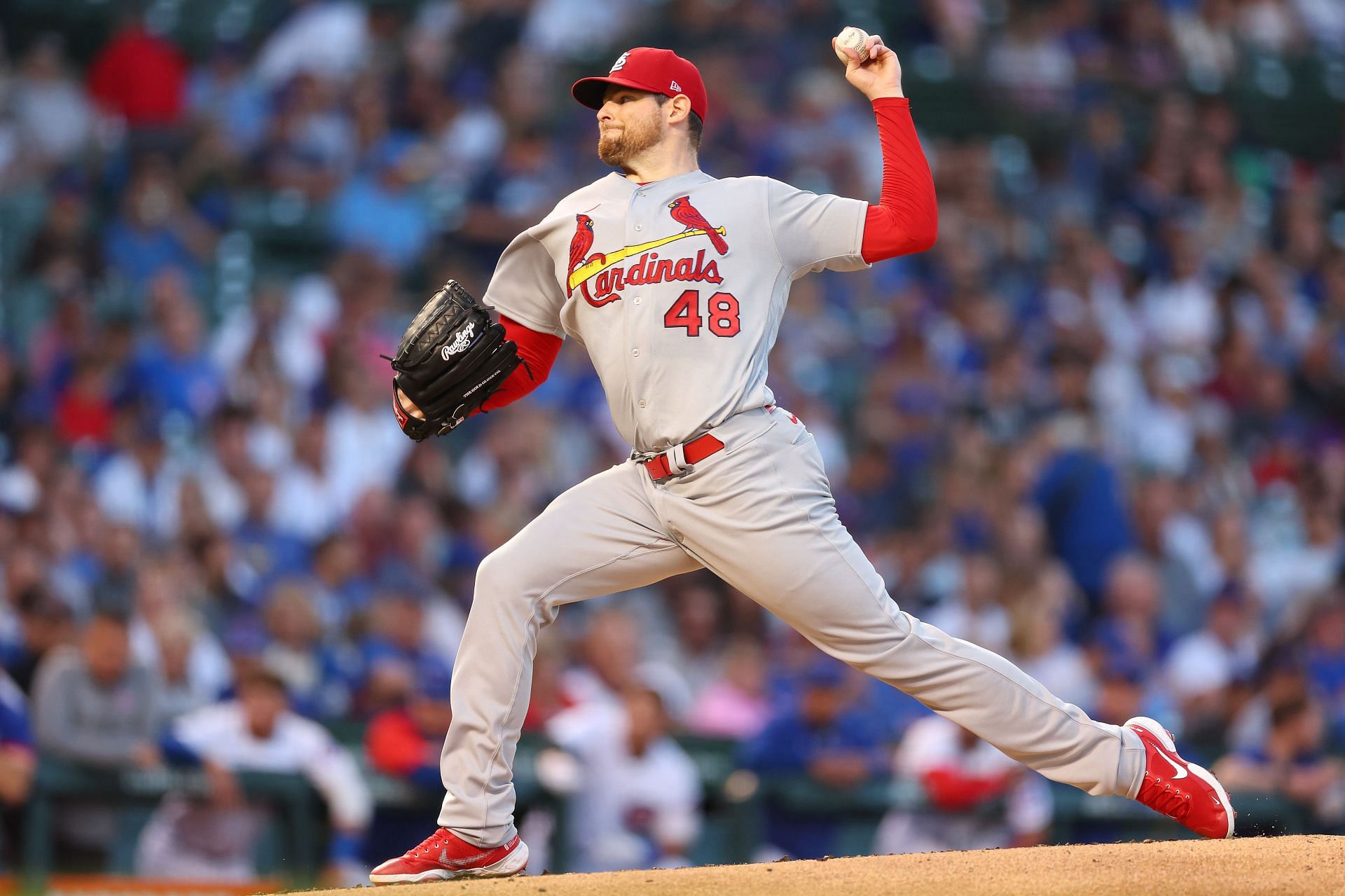 Jordan Montgomer pitches during a St. Louis Cardinals v Chicago Cubs game.