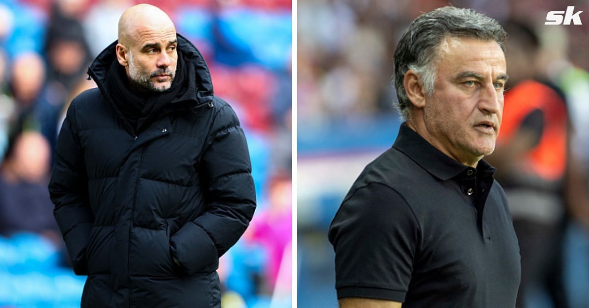 [L-to-R] Manchester City boss Pep Guardiola and PSG manager Christophe Galtier.
