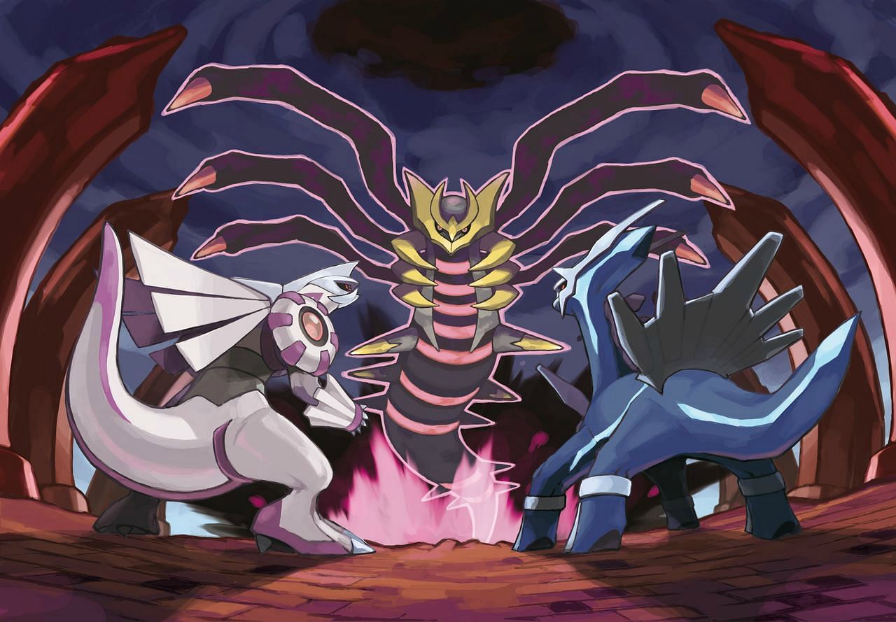 &quot;Palkia, Dialga, and Giratina at the Spear Pillar&quot; Ken Sugimori (Image via The Pokemon Company)