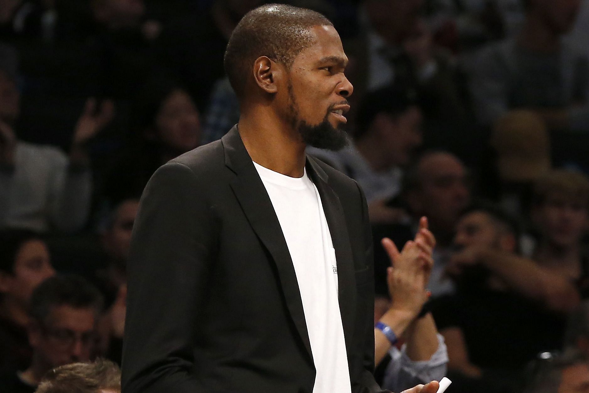 Kevin Durant of the Brooklyn Nets on the sidelines