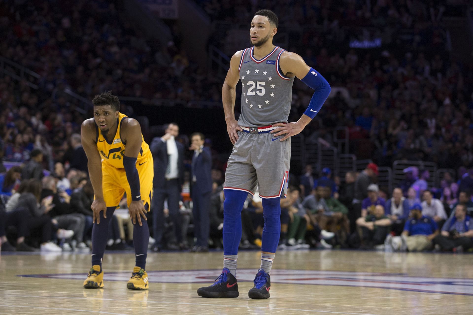 Donovan Mitchell in action against Ben Simmons during Utah Jazz v Philadelphia 76ers