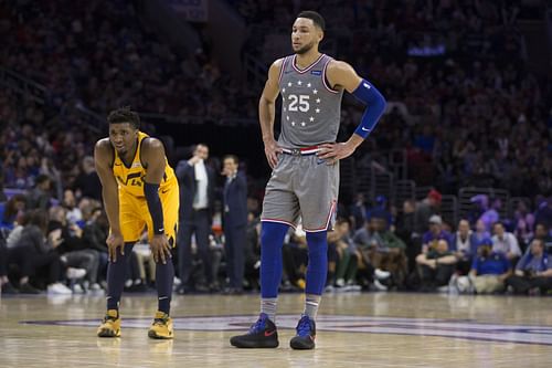 Donovan Mitchell in action against Ben Simmons during Utah Jazz v Philadelphia 76ers