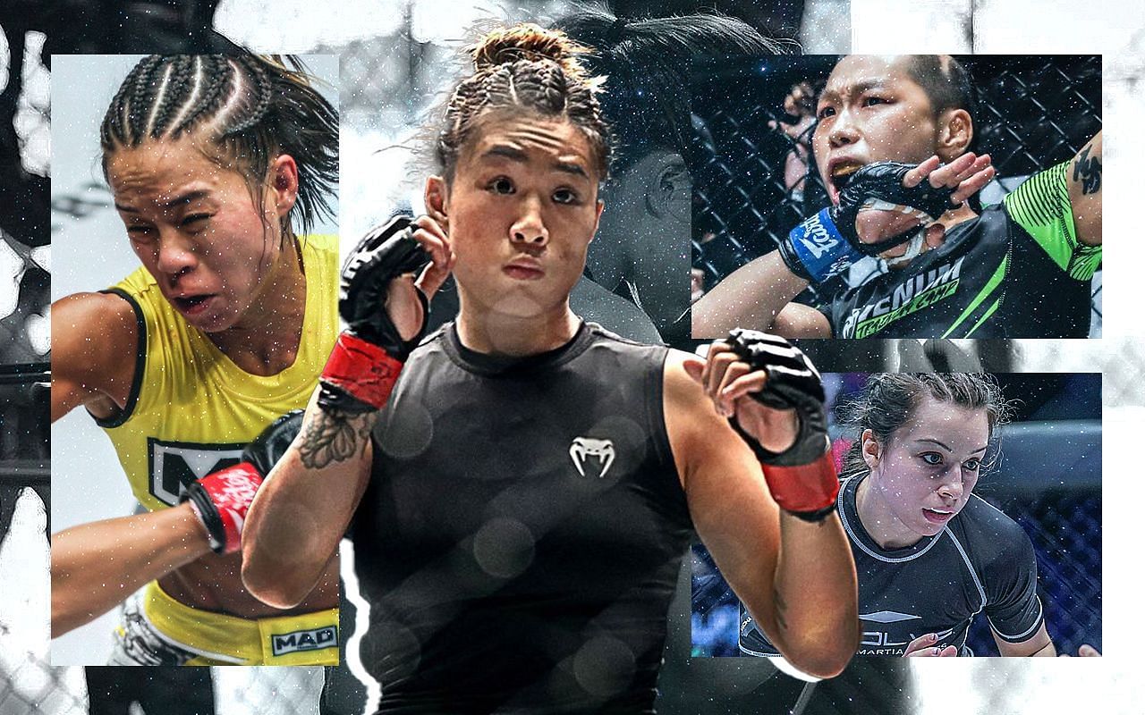 ONE women&#039;s atomweight world champion Angela Lee (center) will be defending her belt soon. (Image courtesy of ONE)