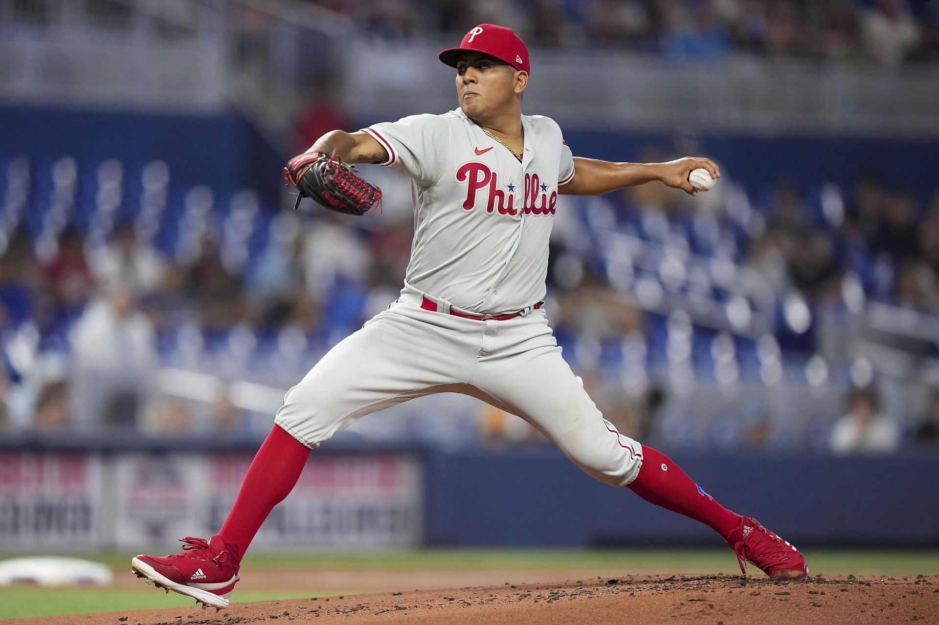 Ranger Suarez of the Phillies delivers a pitch versus the Miami Marlins.