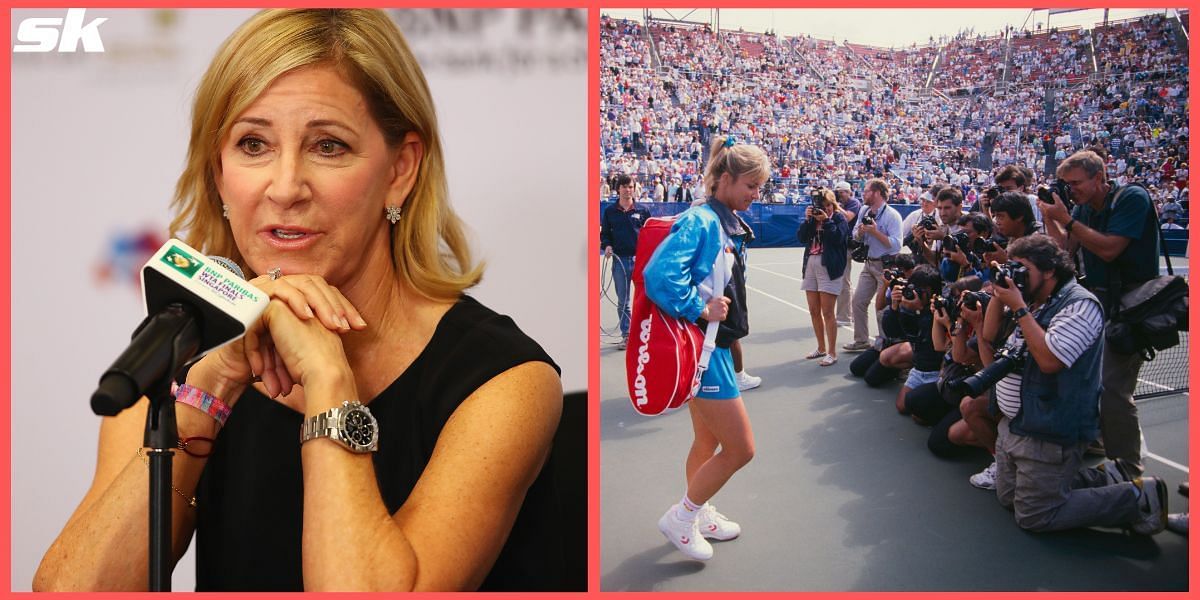 Chris Evert at a press conference (L) and during her playing days (R)