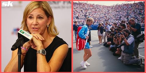 Chris Evert at a press conference (L) and during her playing days (R)