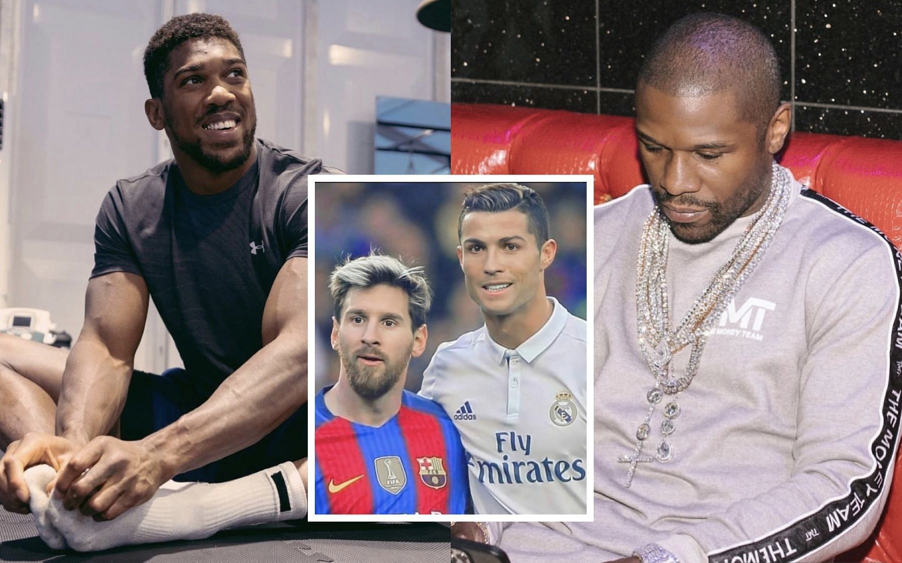 Anthony Joshua (left), Lionel Messi and Cristiano Ronaldo (middle), Floyd Mayweather (right) - Images via @anthonyjoshua, @cris_rono_ and @floydmayweather on Instagram