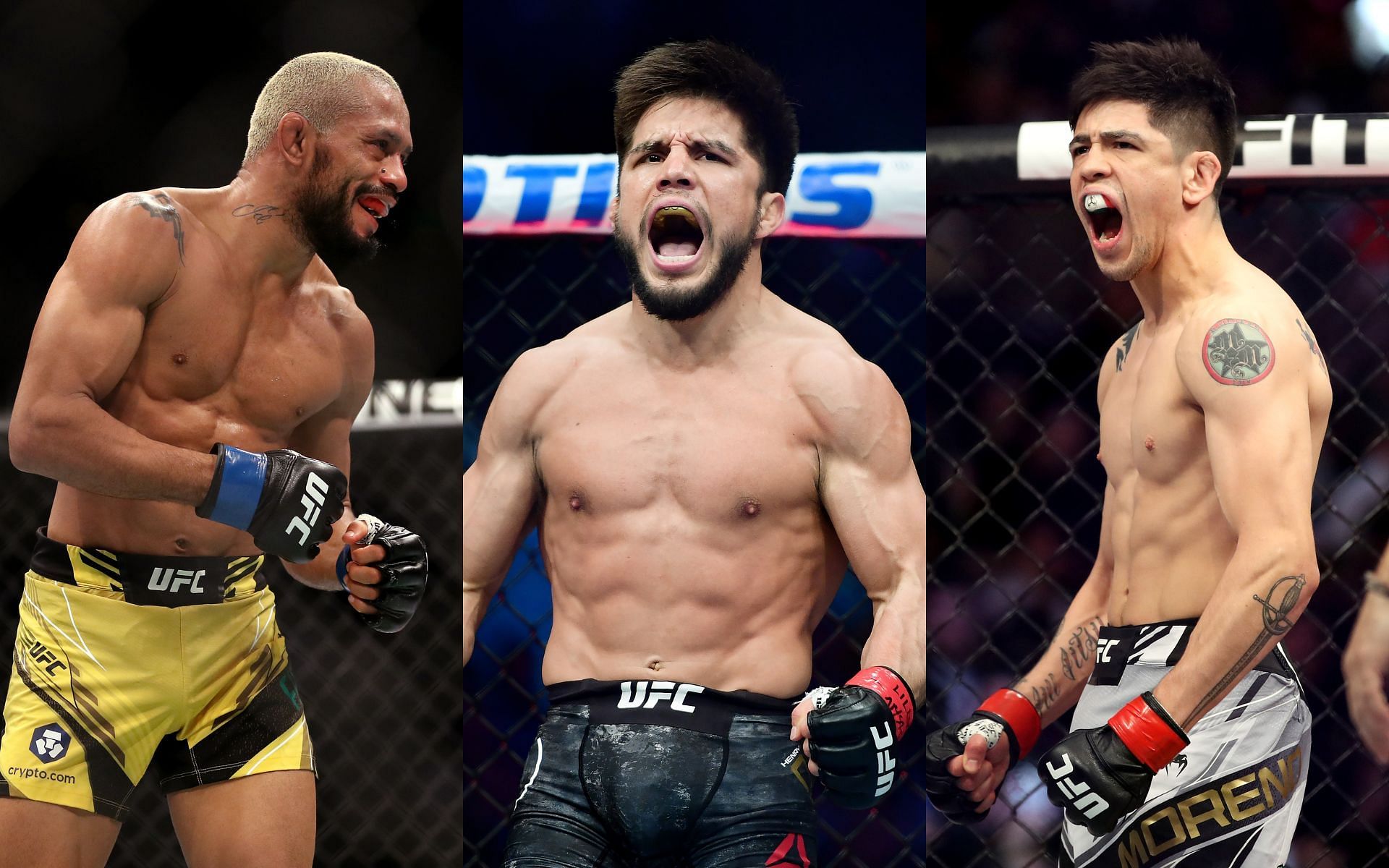 From left to right: Deiveson Figueiredo, Henry Cejudo, and Brandon Moreno
