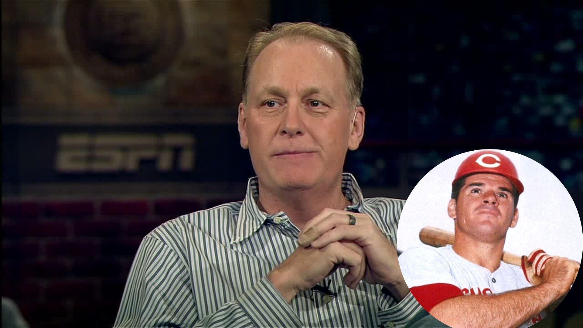 Curt Schilling on the set of ESPN; Pete during his MLB career (inset)