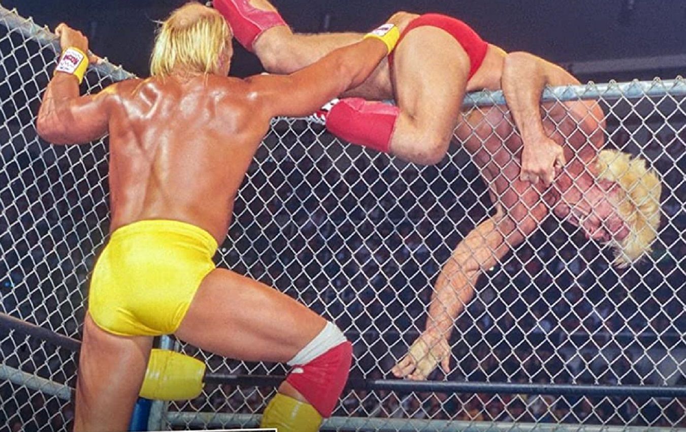Ric Flair tries to escape the cage to save his career