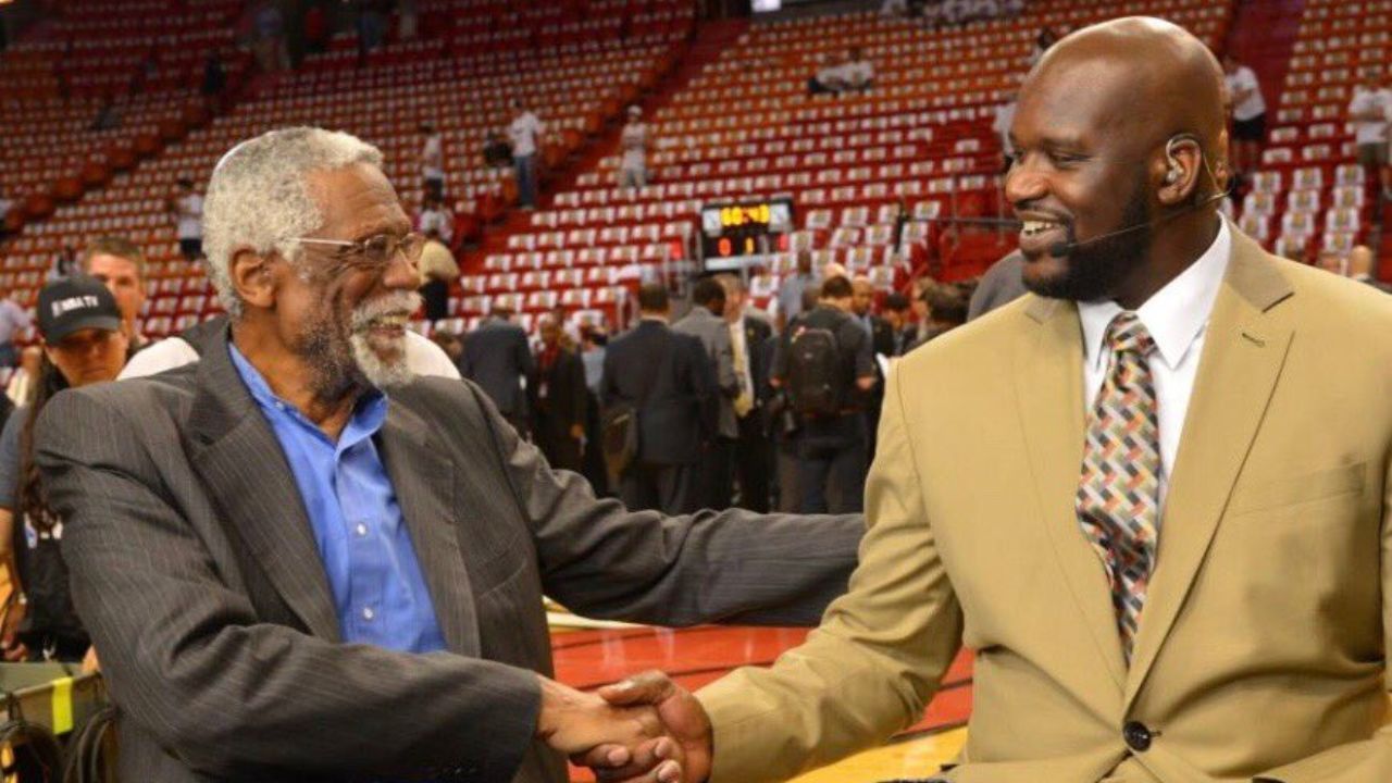 Boston Celtics legend Bill Russell, left, and Shaquille O'Neal