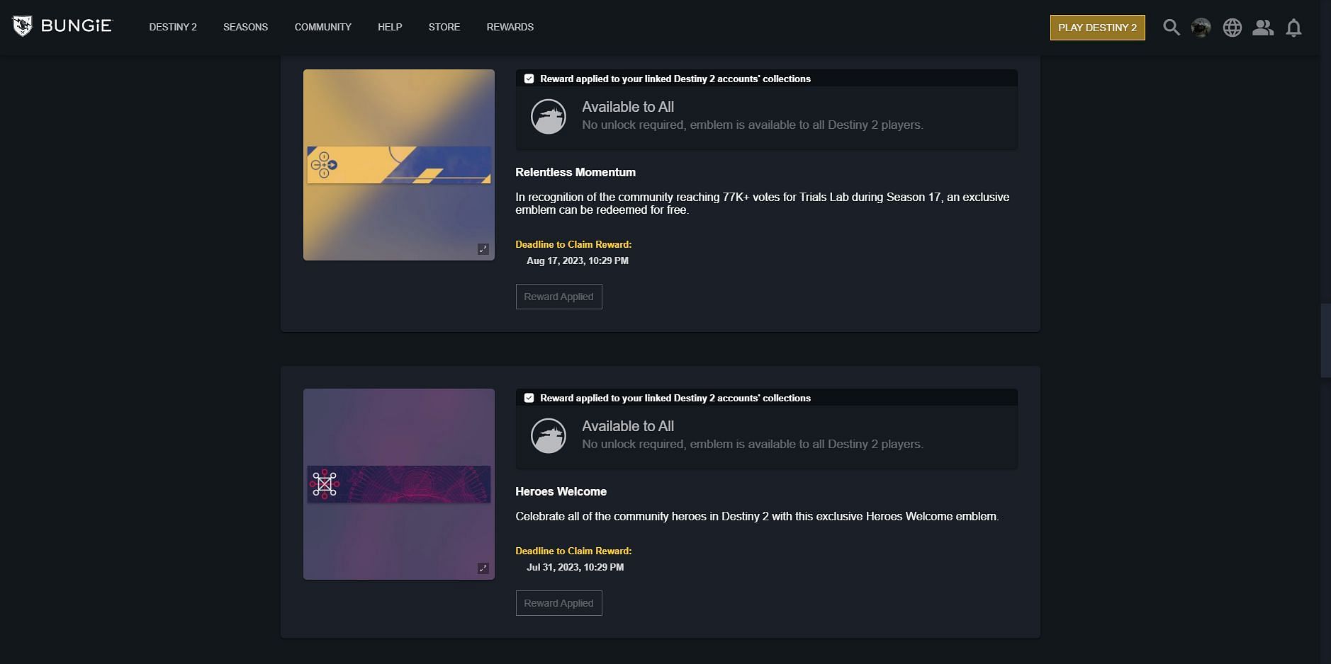 Destiny 2 Legendary emblems that are redeemable from the official website (Image via Bungie)