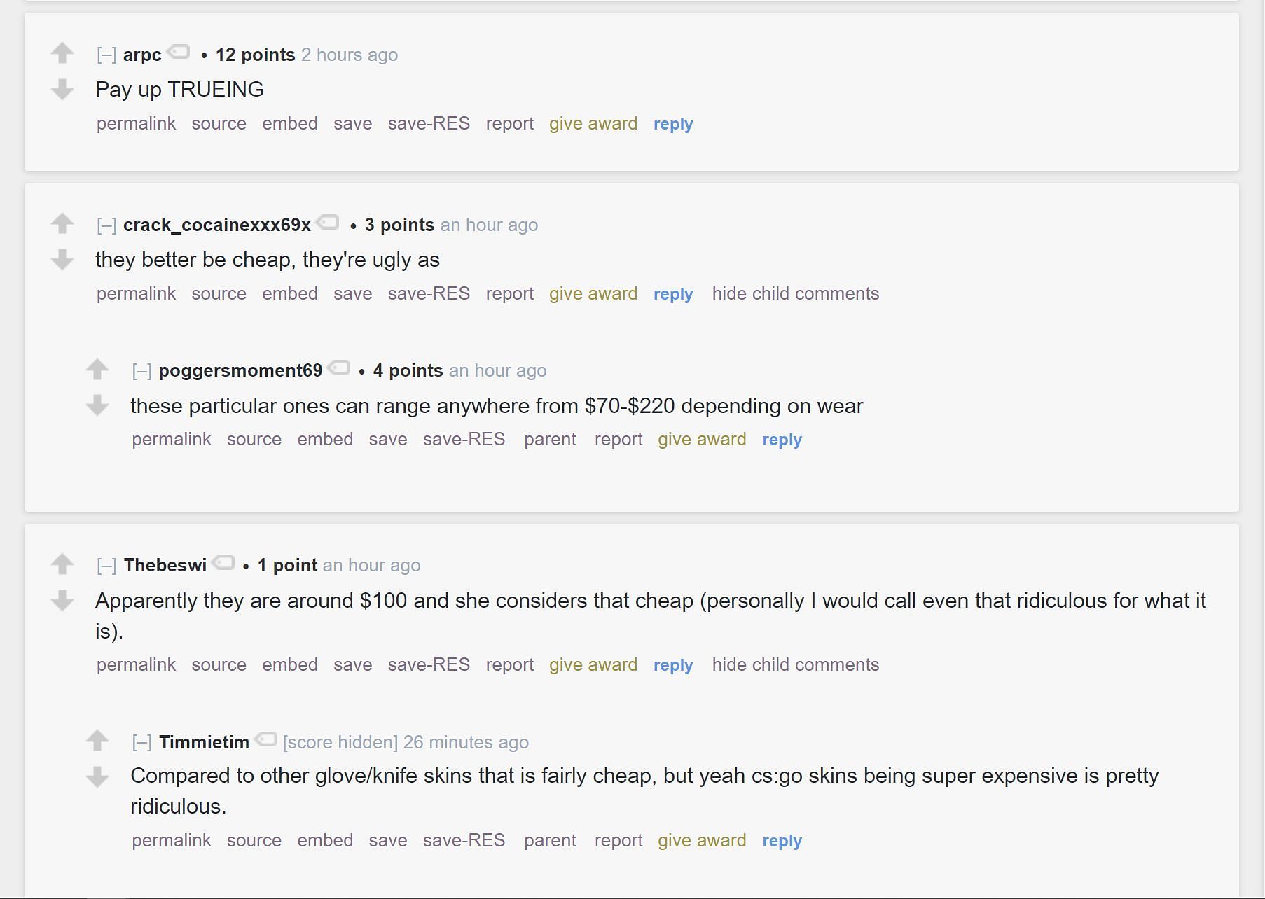 Fans on the subreddit reacting to the streamer getting a pair of gloves in CS: GO (Image via r/LivestreamFail)