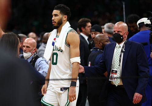 Jayson Tatum walks off the court at the NBA Finals