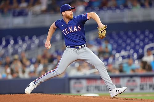 Jon Gray of the Rangers in a game vs. the Miami Marlins